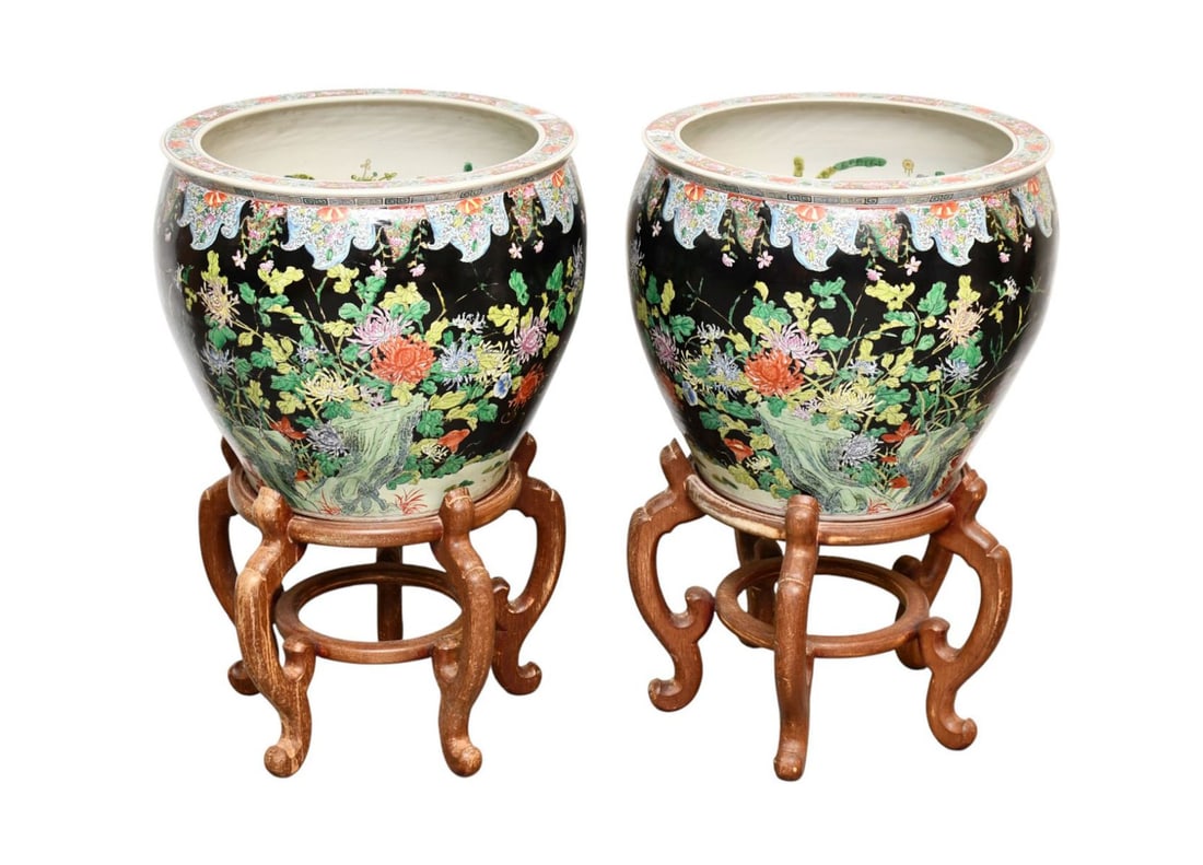 Pair Ceramic Fish Bowls, Black Ground with Multi Color Flower Designs, 18"H x 20 1/2"dia: Pair Ceramic Fish Bowls, Black Ground with Multi Color Flower Designs, 18"H x 20 1/2"dia