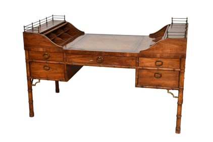 Writing Desk, Rattan Motif with Tambour Cabinet Sliding Doors at Both Ends, Brass Gallery Rim, 37