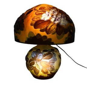Galle Style Cameo Glass Lamp - A Galle-Style cameo glass lamp base and shade, with blue florals.