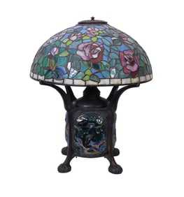 Tiffany Style Turtleback Lamp Base, Rose Bush Shade - A Tiffany-Style 'Turtleback' box lamp base;