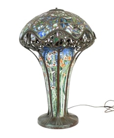 Tiffany Style Cobweb Lamp - A Tiffany-style leaded glass lamp, cobweb pattern shade and white