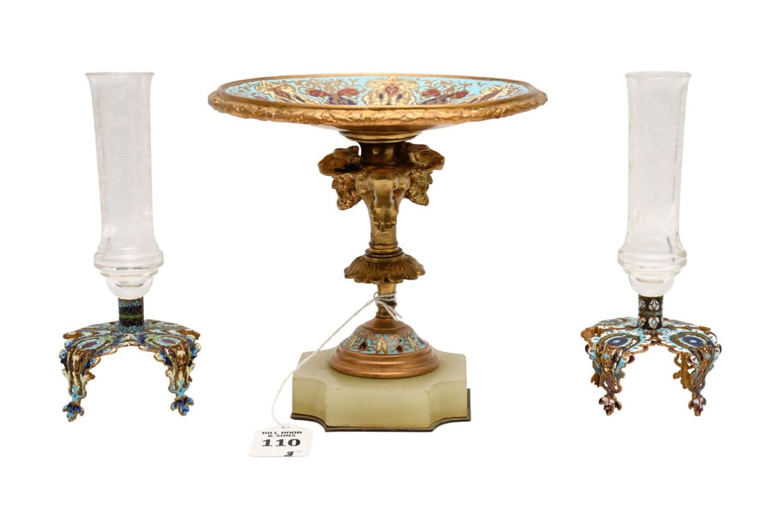 Antique French Champleve Enamel & Bronze Tazza & Pair Bud Vases - C. 19th century. A French (1 of 6)