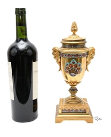 19th C. French Champleve Enamel Ormolu Mounted Urn - C. 19th Century. An antique French stemmed