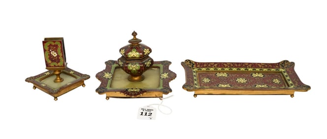 A French Cloisonne Enamel & Bronze 3 Piece Desk Set - C. 19th Century. A matching three piece desk