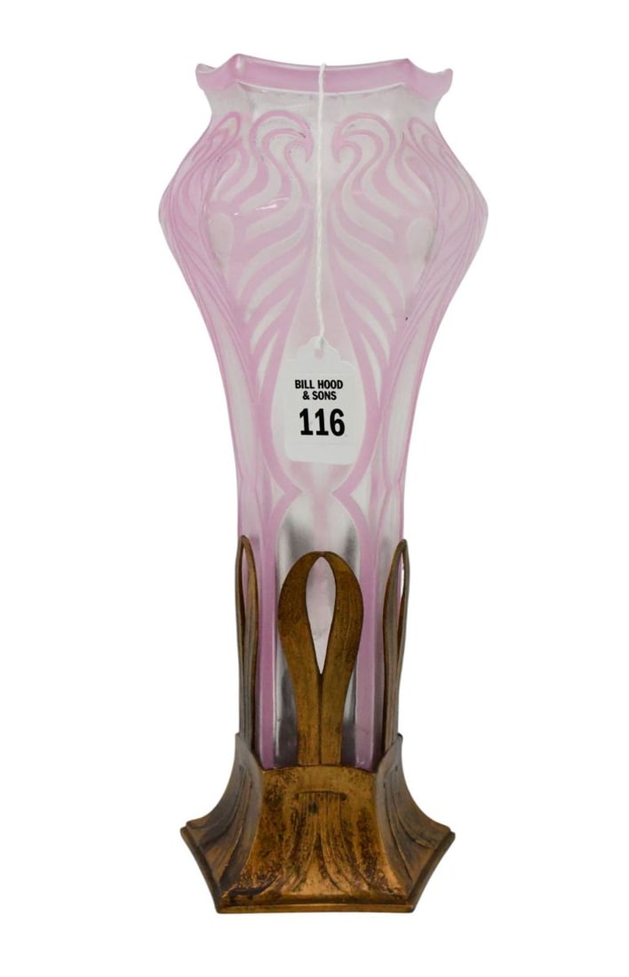 Art Nouveau Orivit Glass Vase, Glass & Gilt Metal - German, early 20th century. A frosted tapering: Art Nouveau Orivit Glass Vase, Glass & Gilt Metal - German, early 20th century. A frosted tapering glass vase with pink overlay art nouveau design motif, set in a gilt metal pentagonal base. Underside