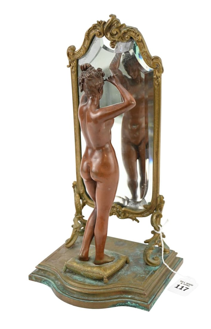 Emile Pinedo French Art Nouveau Bronze Figure & Mirror - C. 1900. Emile Pinedo (French, 1840-1916): Emile Pinedo French Art Nouveau Bronze Figure & Mirror - C. 1900. Emile Pinedo (French, 1840-1916) Patinated and gilt bronze nude female figure in front of cheval mirror. Marks: "PINÈDO"; Foundry Mar