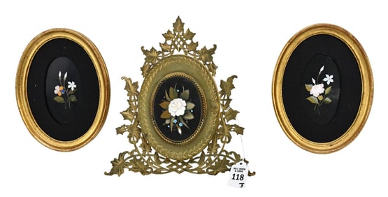 Three Pietra Dura Plaques, Picture Frame, Florals - Comprising: An antique gilt brass picture frame,