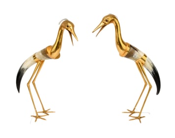 Pair Italian Hauy Pouigo Crane Sculptures - Italian, Mid-20th century. Brass, horn. Signed. 19 1/4"