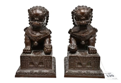 Pair Chinese Bronze Guardian Lions Foo Dogs - Patinated bronze. Female and Male Foo dog pair. Each
