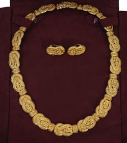 18K Yellow Gold Etruscan Collar Necklace & Earrings. 138 grams. Necklace 18" L, 5/8" W. Earrings 1"