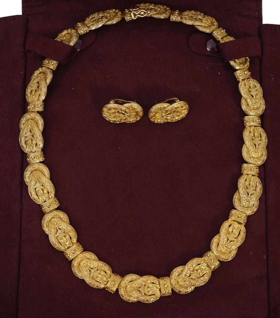 18K Yellow Gold Etruscan Collar Necklace & Earrings. 138 grams. Necklace 18" L, 5/8" W. Earrings 1": 18K Yellow Gold Etruscan Collar Necklace & Earrings. 138 grams. Necklace 18" L, 5/8" W. Earrings 1"