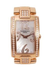 18K Yellow Gold Limited Edition Raymond Wiel Watch. Mother of pearl face has crack. Diamond dial and