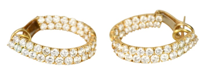 18K Yellow Gold Diamond Hoop Earrings. Wt. 22 grams 1.5". 40 .07 diamonds in each earring SI-2 G/H