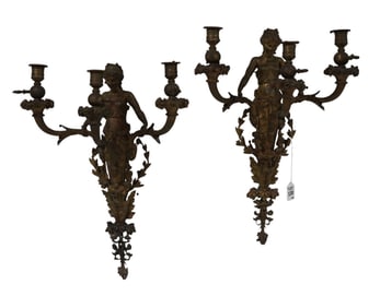 Pair Antique French Bronze Three Branch Figural Sconces - A pair of bronze three-armed candelabra