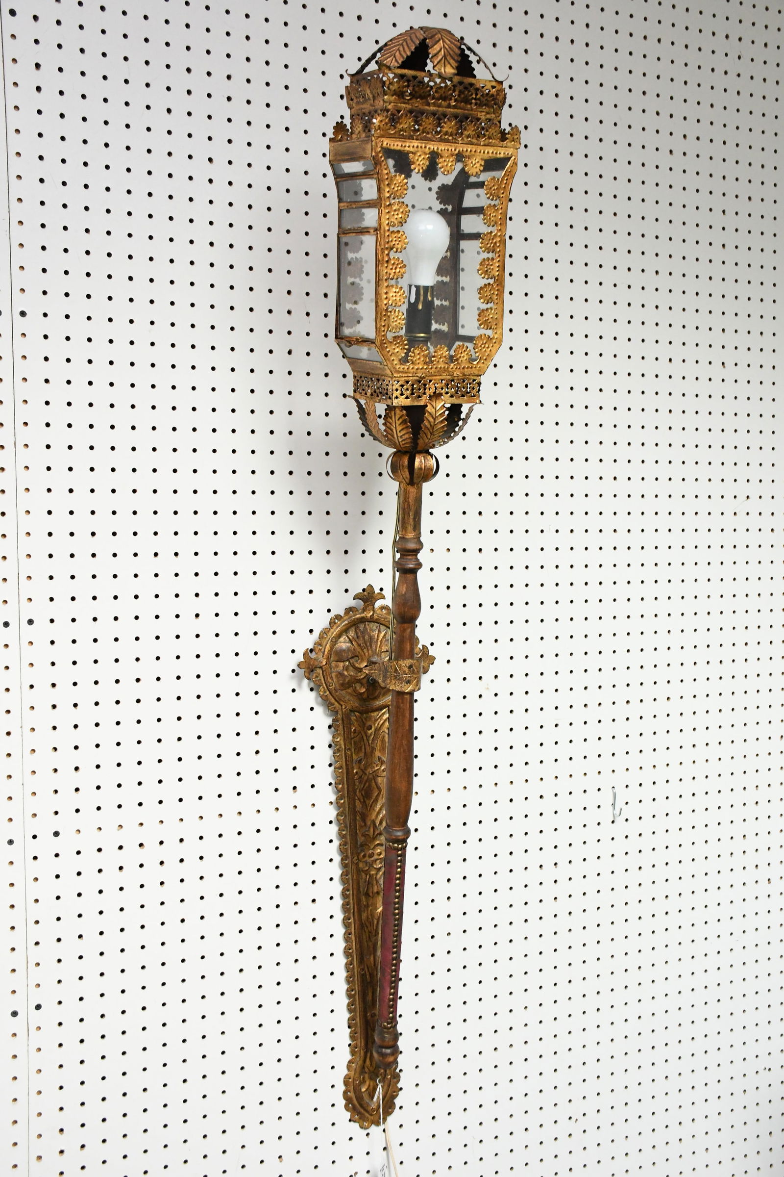Antique Venetian Gondola Lantern Wall Sconce Lamp - Italian, c. 19th century. A Venetian: Antique Venetian Gondola Lantern Wall Sconce Lamp - Italian, c. 19th century. A Venetian processional parade or gondola lantern, now electrified and fitted as a wall sconce. Gilt tole crown topped lan
