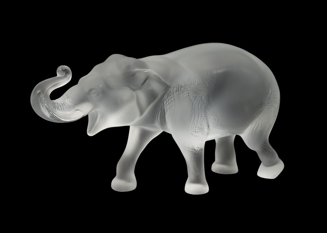 Lalique France Sumatra Elephant Crystal Figure - A Lalique clear frosted glass figure of a walking (1 of 6)