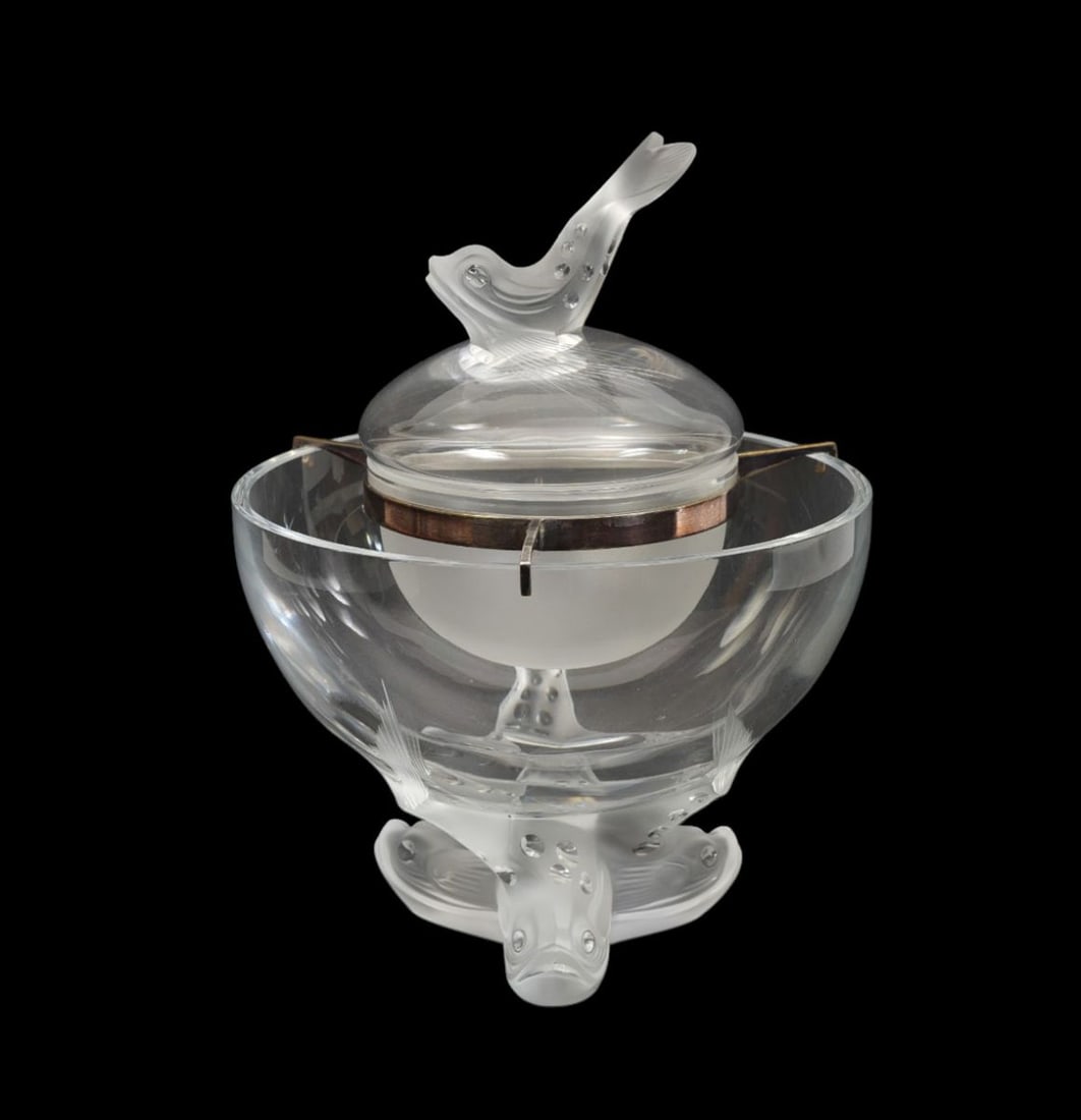 Lalique 'Igor' Dolphin Crystal Caviar Set - France, 20th century. Frosted and polished crystal.: Lalique 'Igor' Dolphin Crystal Caviar Set - France, 20th century. Frosted and polished crystal. Comprised of four pieces: a three dolphin footed ice bowl (7 3/4" dia. X 5 7/8" h), a frosted interior b
