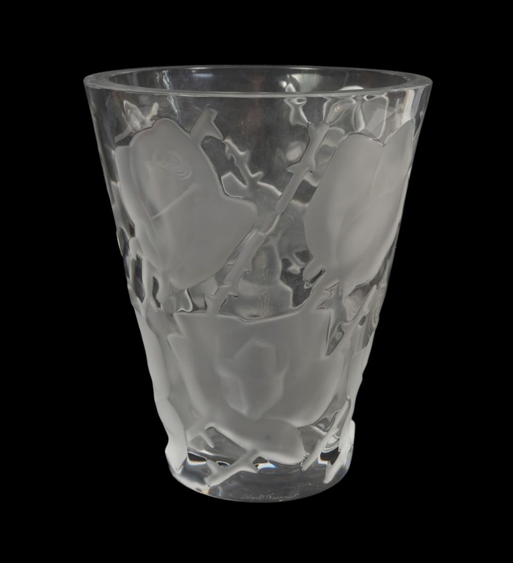 A Lalique 'Ispahan' Viole Rose Crystal Vase - France, second half 20th century. A crystal tapering: A Lalique 'Ispahan' Viole Rose Crystal Vase - France, second half 20th century. A crystal tapering vase featuring frosted intaglio roses on a clear polished background. Signed "Lalique France" at edge