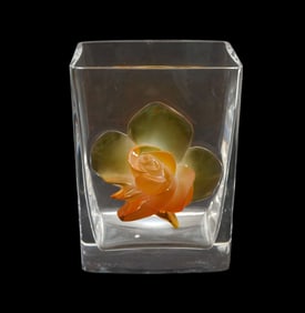 Lalique Amber Rose Crystal Vase - France, 20th century. Clear rectangular vase with amber rose in