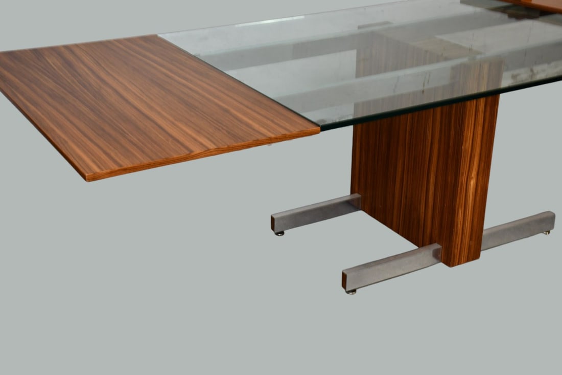 Vladimir Kagan MCM Rosewood Dining Table, Glass in Center, Chrome Extensions Which Hold Rosewood - 12