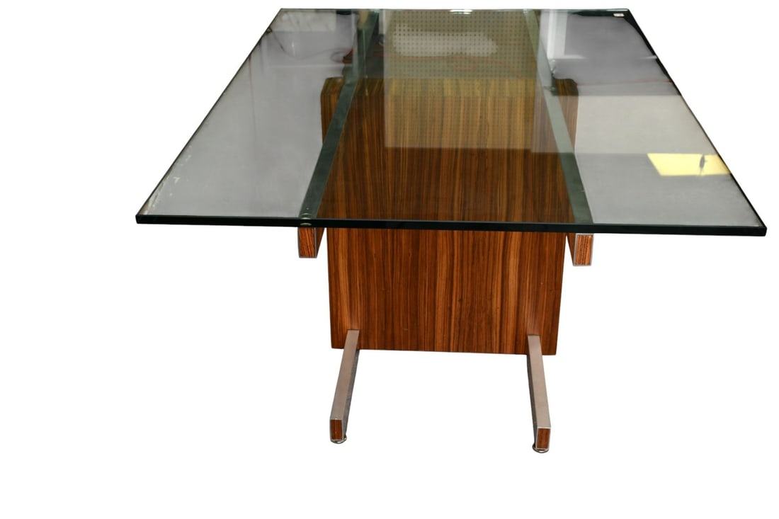 Vladimir Kagan MCM Rosewood Dining Table, Glass in Center, Chrome Extensions Which Hold Rosewood - 13