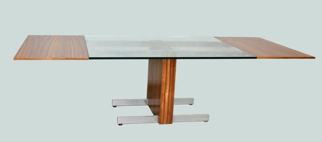 Vladimir Kagan MCM Rosewood Dining Table, Glass in Center, Chrome Extensions Which Hold Rosewood