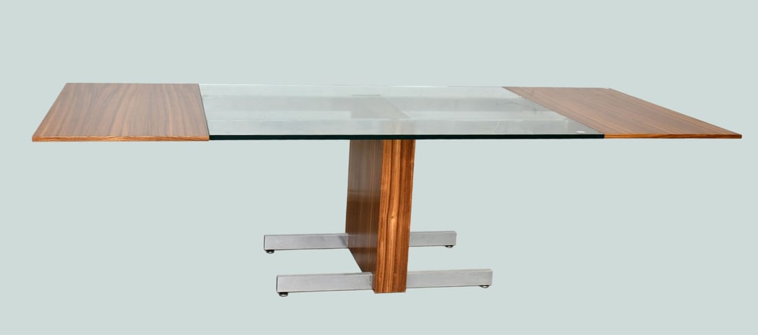Vladimir Kagan MCM Rosewood Dining Table, Glass in Center, Chrome Extensions Which Hold Rosewood: Vladimir Kagan MCM Rosewood Dining Table, Glass in Center, Chrome Extensions Which Hold Rosewood Panels Creating Larger Table, Vladimir Kagan Designs label, 29"h x 108"w x 42"d