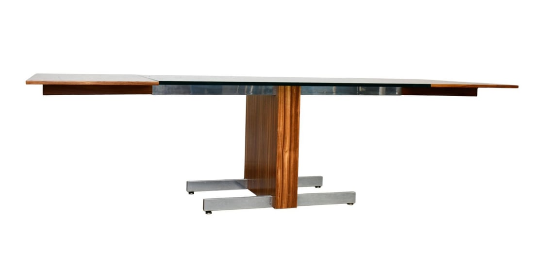 Vladimir Kagan MCM Rosewood Dining Table, Glass in Center, Chrome Extensions Which Hold Rosewood - 2