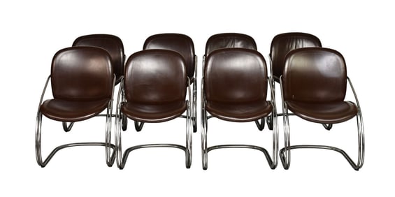 8 Gastone Rinaldi for Thema Italian Brown Leather & Chrome Chairs, chrome cantilever frame bases,
