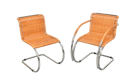 2 Ludwig Mies Van Der Rohe Cantilever Cane Chairs, Armchair MR 20 & Single side Chair