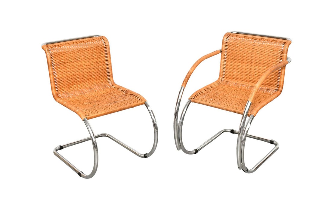 2 Ludwig Mies Van Der Rohe Cantilever Cane Chairs, Armchair MR 20 & Single side Chair: 2 Ludwig Mies Van Der Rohe Cantilever Cane Chairs, Armchair MR 20 & Single side Chair