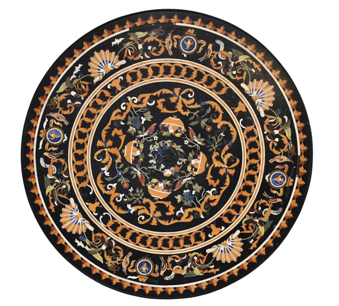 Incredible Pietra Dura Stone Table, Top 62" dia (some sections missing stones) AND Cement Putti Form: Incredible Pietra Dura Stone Table, Top 62" dia (some sections missing stones) AND Cement Putti Form Base (57"h x 22"w, Has Repairs) Both Pieces Extremely Heavy