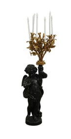 Standing Figural Bronze Torchere, Cupid Holding Bouquet of Gilded Bronze Lillies,