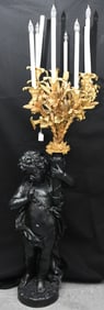 Standing Figural Bronze Torchere, Cupid Holding Bouquet of Gilded Bronze Lillies,