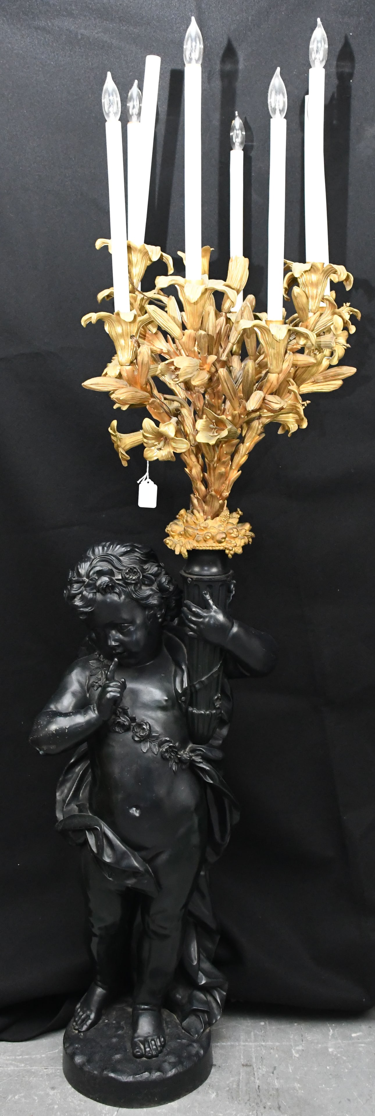 Standing Figural Bronze Torchere, Cupid Holding Bouquet of Gilded Bronze Lillies,: Standing Figural Bronze Torchere, Cupid Holding Bouquet of Gilded Bronze Lillies, 10 Branch with Light, Electrified, 57"h x 22"w