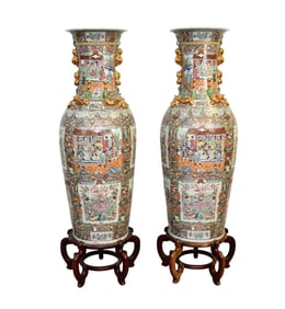 Pair Monumental Chinese Palace Vases, Rose Medallion Style famille rose enamel decoration on