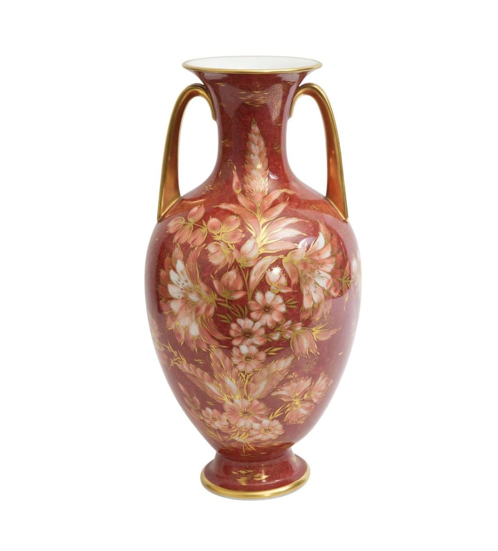 Rosenthal Porcelain Vase, Floral Motif on Dark Red Background with Gilt Accents, Double Handles,: Rosenthal Porcelain Vase, Floral Motif on Dark Red Background with Gilt Accents, Double Handles, 14"h x 8"w