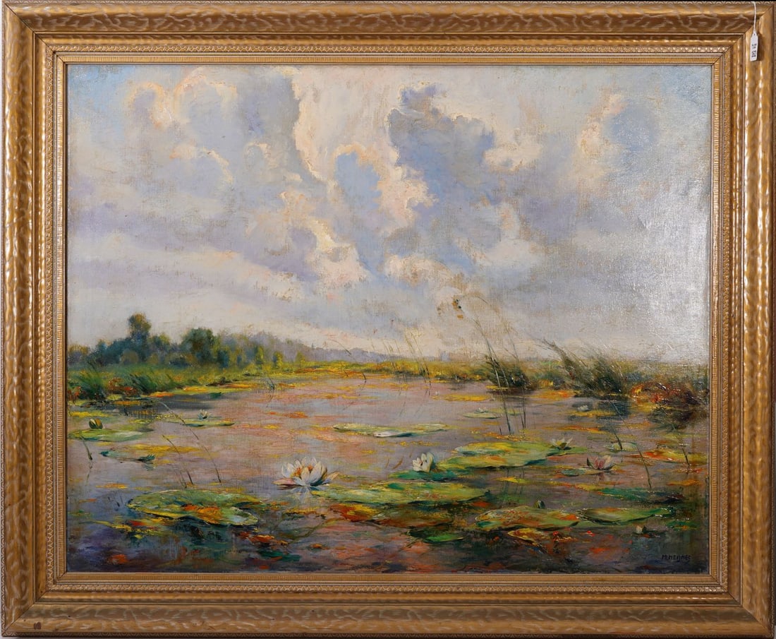 Marinus Heijnes (Holland 1888 - 1963) oil on canvas Painting in Impressionist style depicting a: Marinus Heijnes (Holland 1888 - 1963) oil on canvas Painting in Impressionist style depicting a tranquil landscape with water lilies. signed lower right, painting size 31x39 inches. overall framed