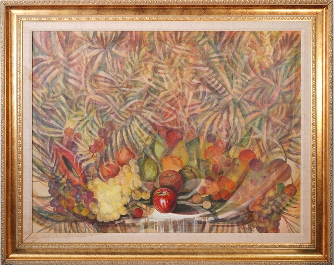 Gilberto Marino (Cuban, 1947-2015) Still Life and Vegetation, Oil On Canvas -1994. signed lower: Gilberto Marino (Cuban, 1947-2015) Still Life and Vegetation, Oil On Canvas -1994. signed lower right. 36 x 48 inches. overall framed size 46 x58 inches.