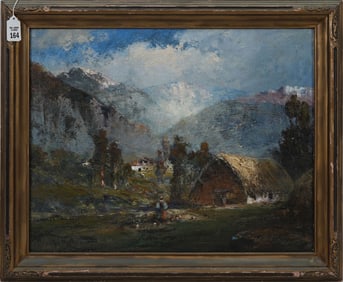 Douglas Arthur Teed (American, 1864-1929) oil on canvas, Mountain Village Scene, 16 x 20 inches.