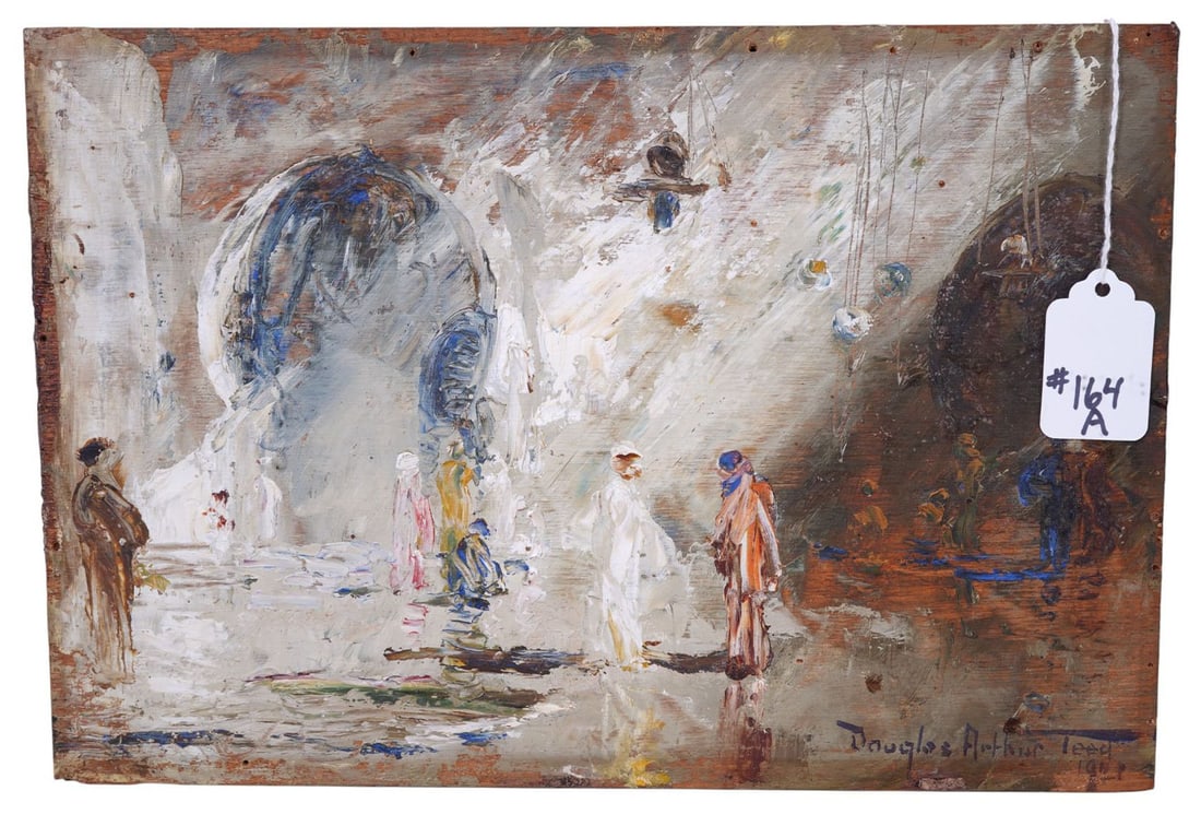 Douglas Arthur Teed (American, 1864-1929) Orientalist painting depicting Arabs outside of a mosque,: Douglas Arthur Teed (American, 1864-1929) Orientalist painting depicting Arabs outside of a mosque, oil on board, signed "Douglas Arthur Teed 8 x 11-3/4 inches.