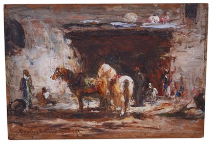 Douglas Arthur Teed (American, 1864-1929) oil on wood panel,  Moorish Scene with Horse and Figures.