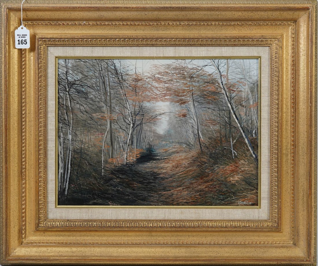 Robert Hamblen (American, 1932-2017) Oil on Masonite Board, Autumn Path, Sign lower right, painting: Robert Hamblen (American, 1932-2017) Oil on Masonite Board, Autumn Path, Sign lower right, painting size 12 x 16 inches. Overall frame size 20 1/2 x 24 1/2 inches.