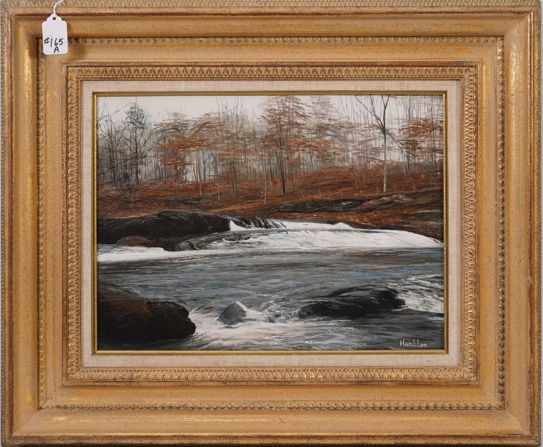 Robert Hamblen (American, 1932-2017) Oil on Masonite Board, Taconic Rapids, painting size 12 x 16: Robert Hamblen (American, 1932-2017) Oil on Masonite Board, Taconic Rapids, painting size 12 x 16 inches. Overall frame size 20 1/2 x 24 1/2 inches.