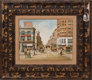 American School, Original oil Painting of old Downton Baltimore, signed/initialed E.W. Lower right.