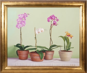 Miroslav Antic (20th century) oil on canvas, Four Orchids, 39 X 32 inches, Provenance: gallery label