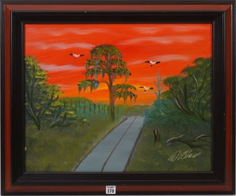 Al Black Florida Highwayman Oil on Masonite, Sunset- road and 3 birds.  ptng. 16x20 inches. Overall