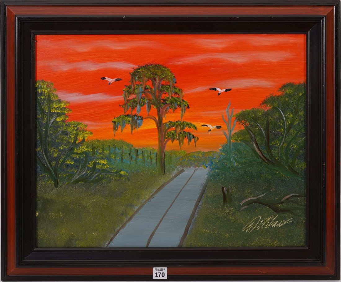 Al Black Florida Highwayman Oil on Masonite, Sunset- road and 3 birds. ptng. 16x20 inches. Overall: Al Black Florida Highwayman Oil on Masonite, Sunset- road and 3 birds. ptng. 16x20 inches. Overall with frame 21x25 inches.