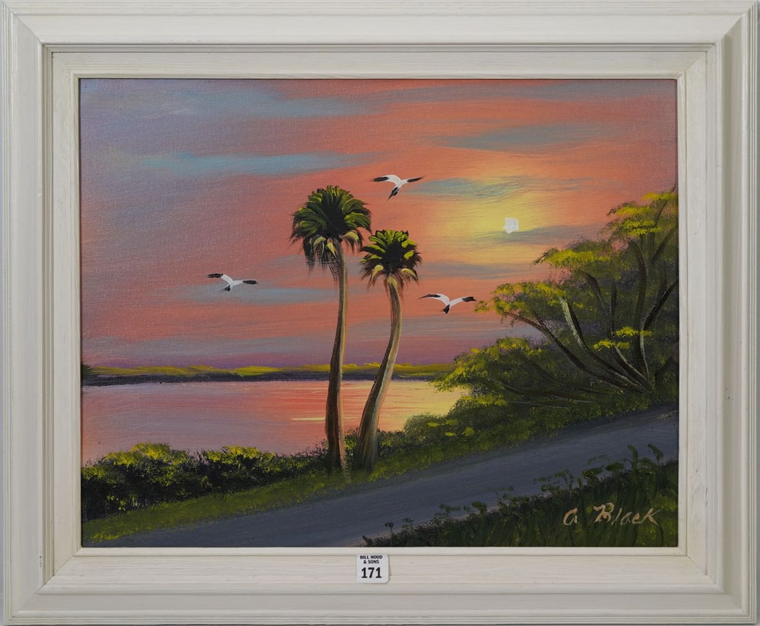 Al Black Florida Highwayman Oil on Masonite, Sunset River by Road, ptng. 16x20 inches. Overall with: Al Black Florida Highwayman Oil on Masonite, Sunset River by Road, ptng. 16x20 inches. Overall with frame 21x25 inches.