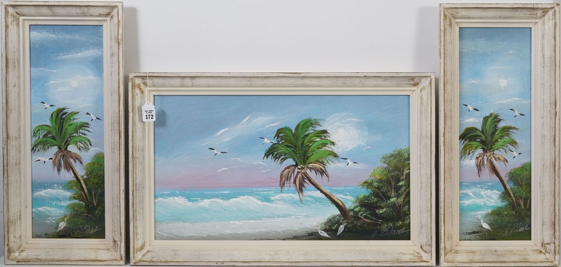 Al Black Florida Highwayman - Rare 3pc. Set, Oil on Masonite, Palm Tree Ocean Scenes. Pair are: Al Black Florida Highwayman - Rare 3pc. Set, Oil on Masonite, Palm Tree Ocean Scenes. Pair are 19-1/2 x 7 inches each Framed 23" x 11.5". Horizontal 14 x 24 inches Framed 27" x 17" .